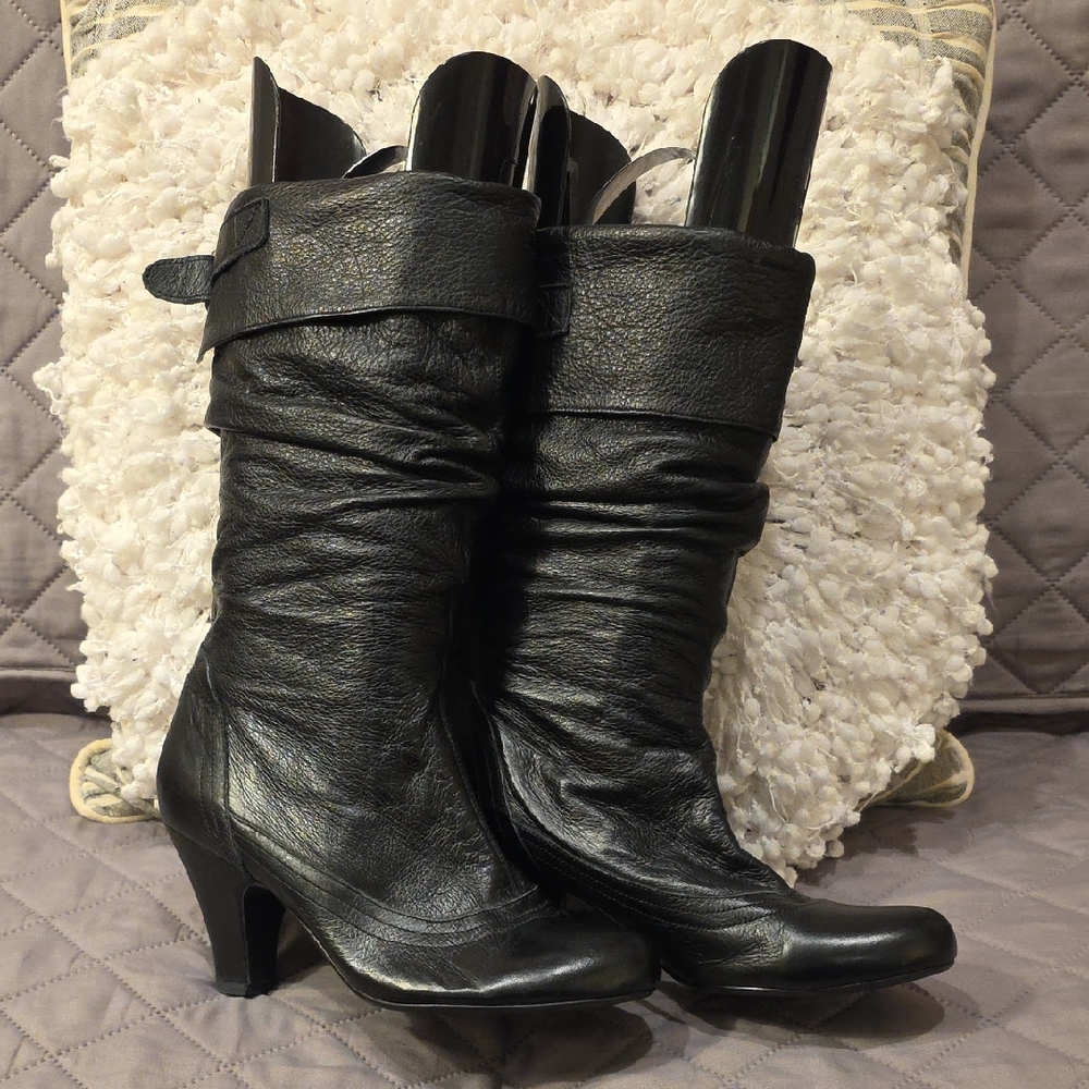 Steve Madden Black Soft Textured Leather Slouch Heeled Boots